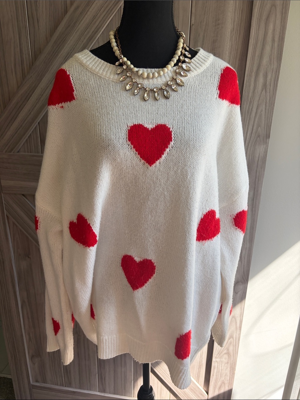 White Sweater with Red Heart Pattern - Women's Crewneck